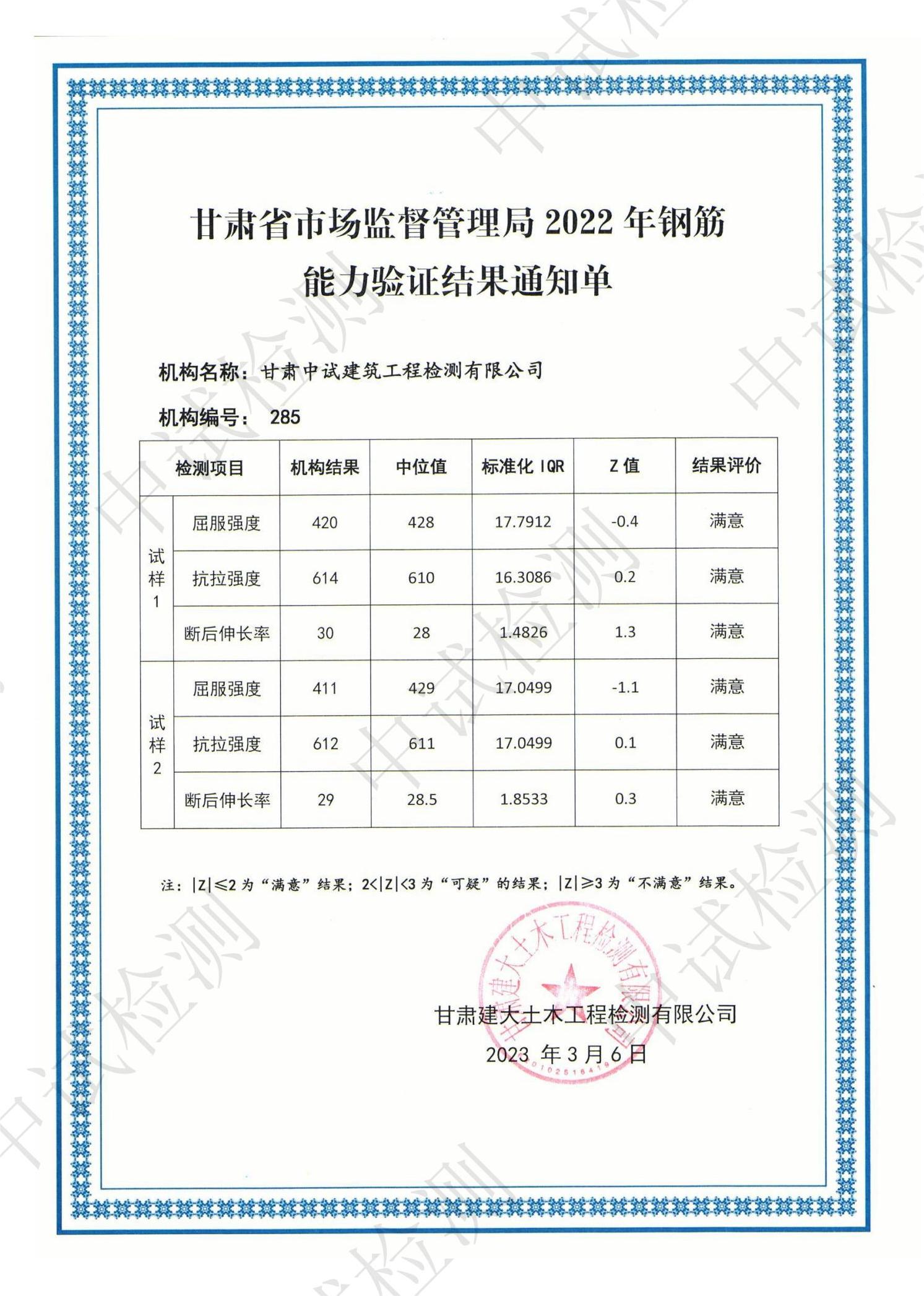 甘肅省市場監督管理局2022年鋼筋能力驗證結果通知單(圖1)